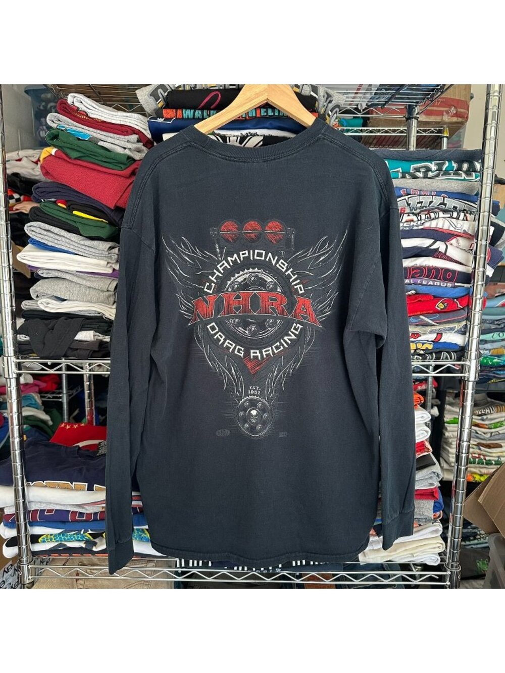 Vintage Y2K NHRA Drag Racing T-Shirt Long Sleeve Baggy Grunge Black XL Hot Rods